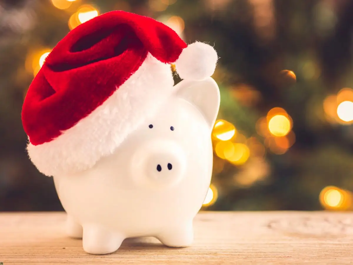 piggy bank with Santa hat represents Christmas budget